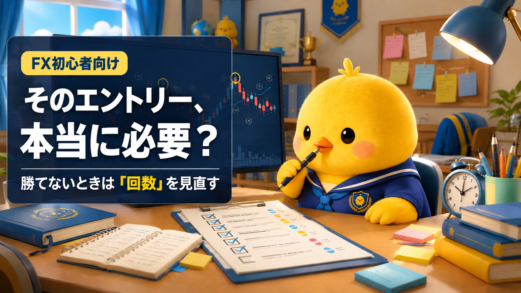 エントリー回数を見直し、トレード記録を確認するひよこのイラスト