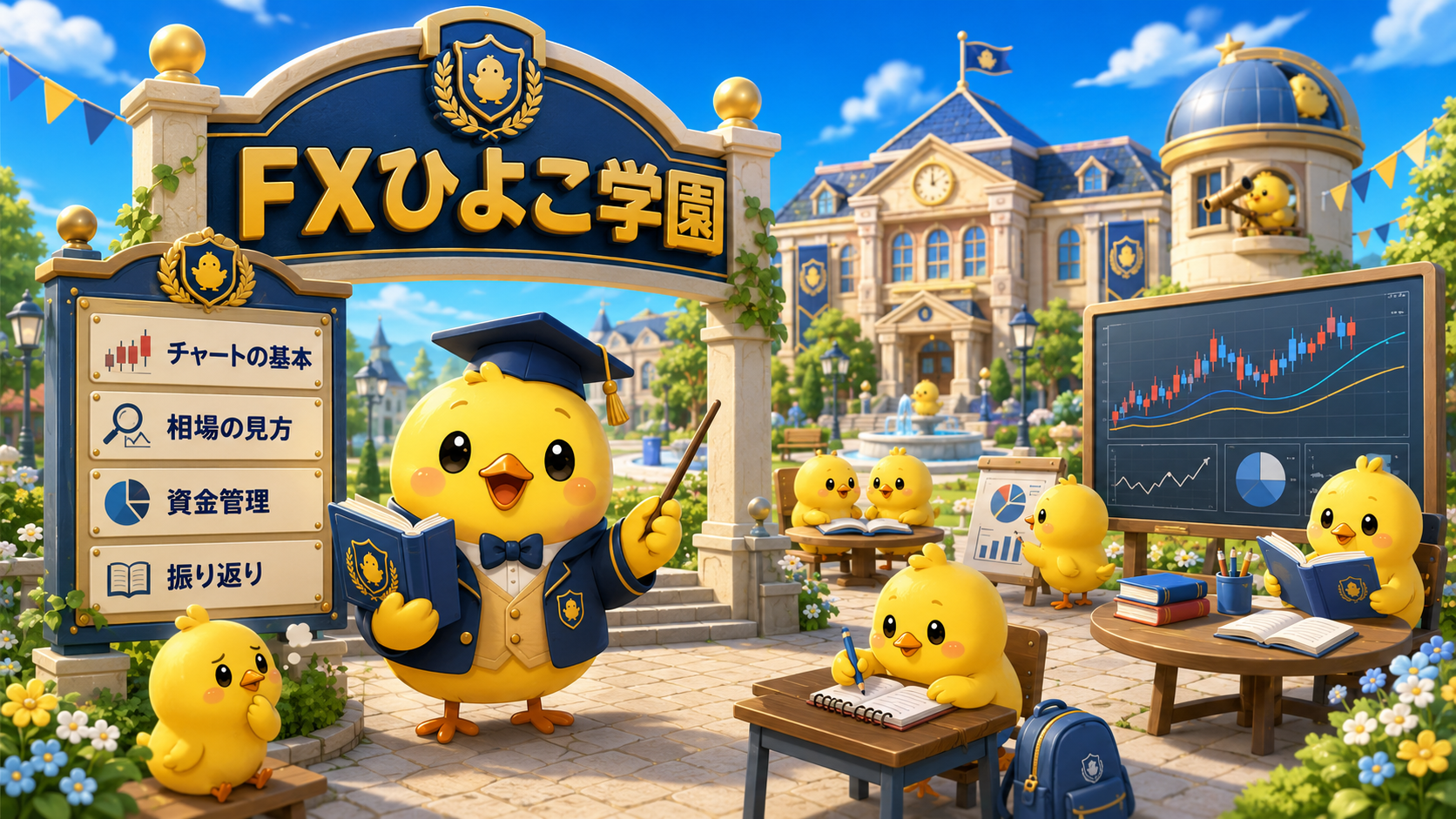 ひよこたちがチャートの基本や資金管理を学ぶFXひよこ学園