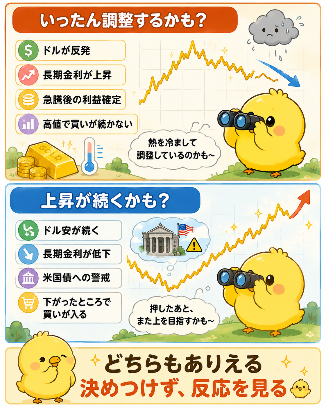 ゴールドが調整する場合と上昇が続く場合の二つのシナリオ