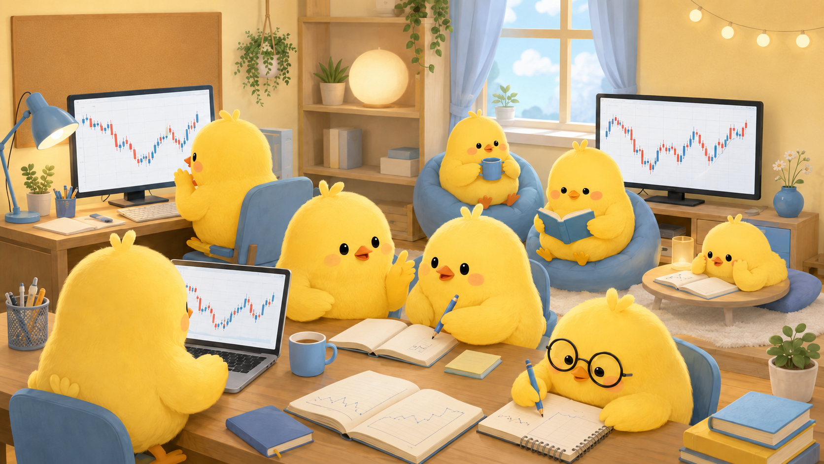 ひよこたちがチャートを見ながら一緒に学習している様子