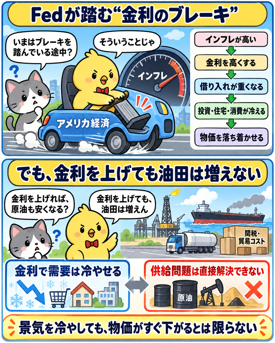 Fedの金利ブレーキと供給側インフレの関係を説明する図
