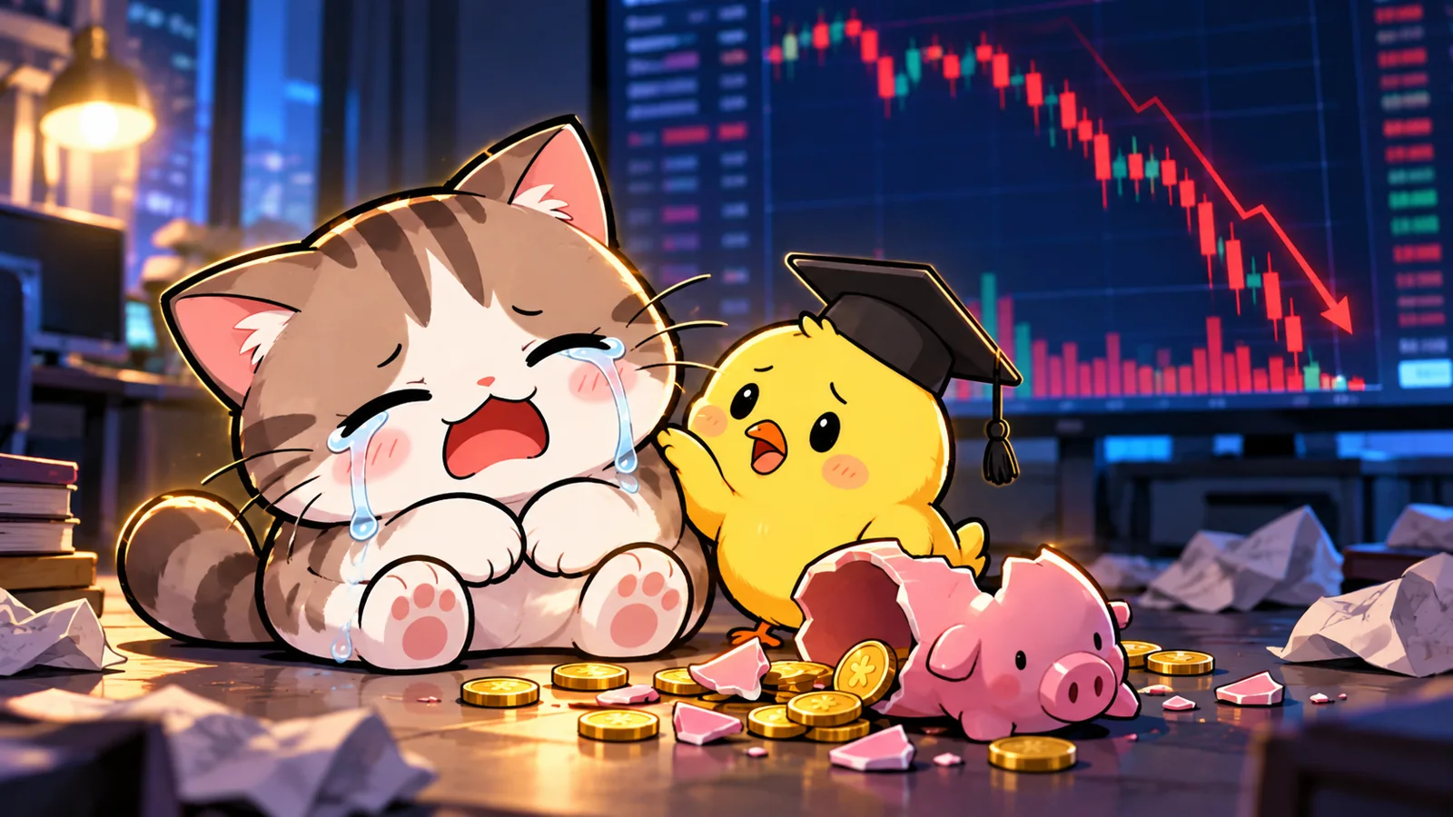 積み上げた利益を失い悲しむ猫を慰めるひよこ