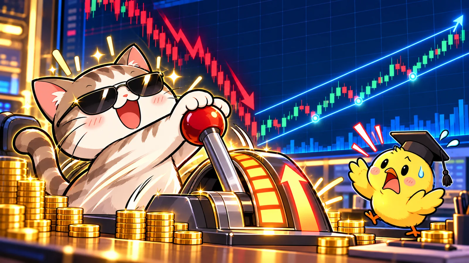 勝った勢いで取引量を増やそうとする猫