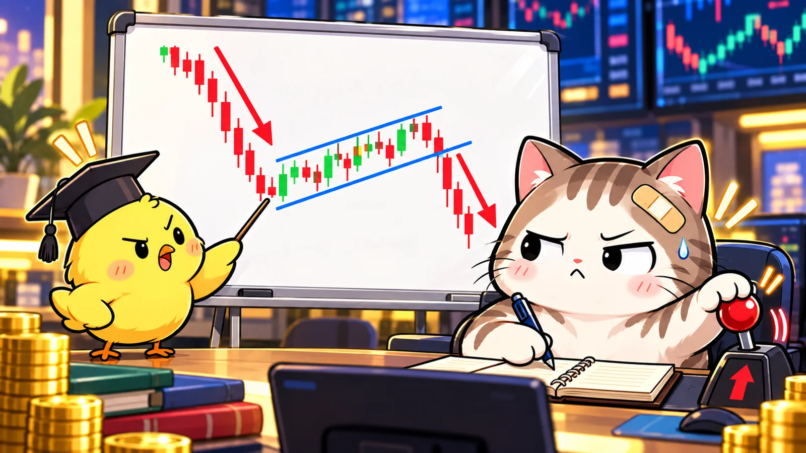 下降フラッグをホワイトボードで解説するひよこ