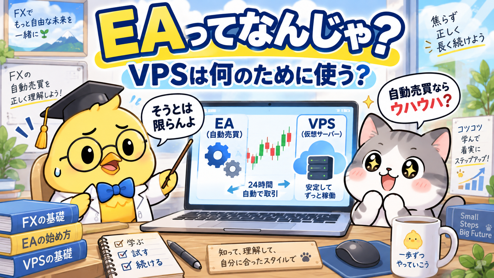 EAとVPSの仕組みを説明するひよこ園長と初心者猫
