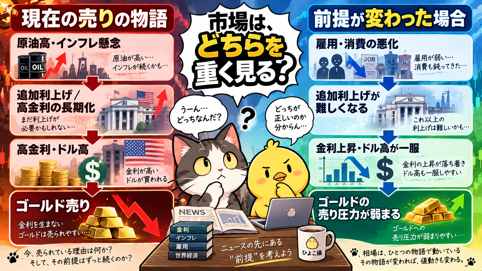インフレを重視する売りの物語と雇用悪化による逆回転を比較した図解