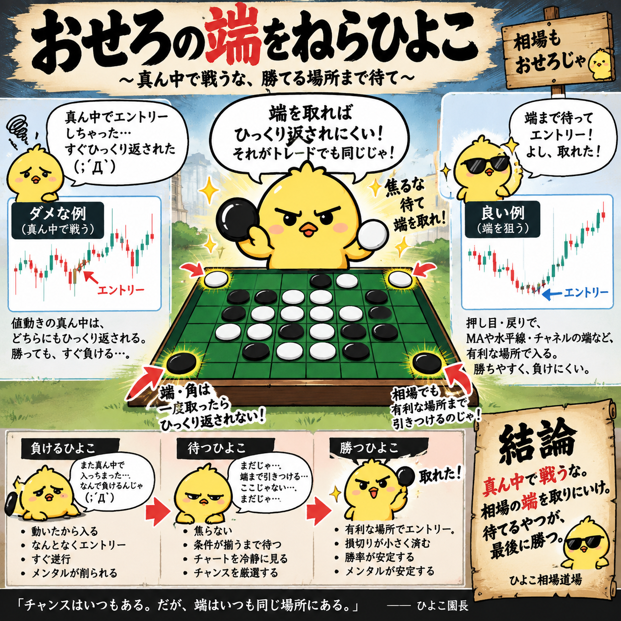値動きの真ん中でのエントリーと、根拠や損切り位置が明確になる場所まで待つ方法の比較図