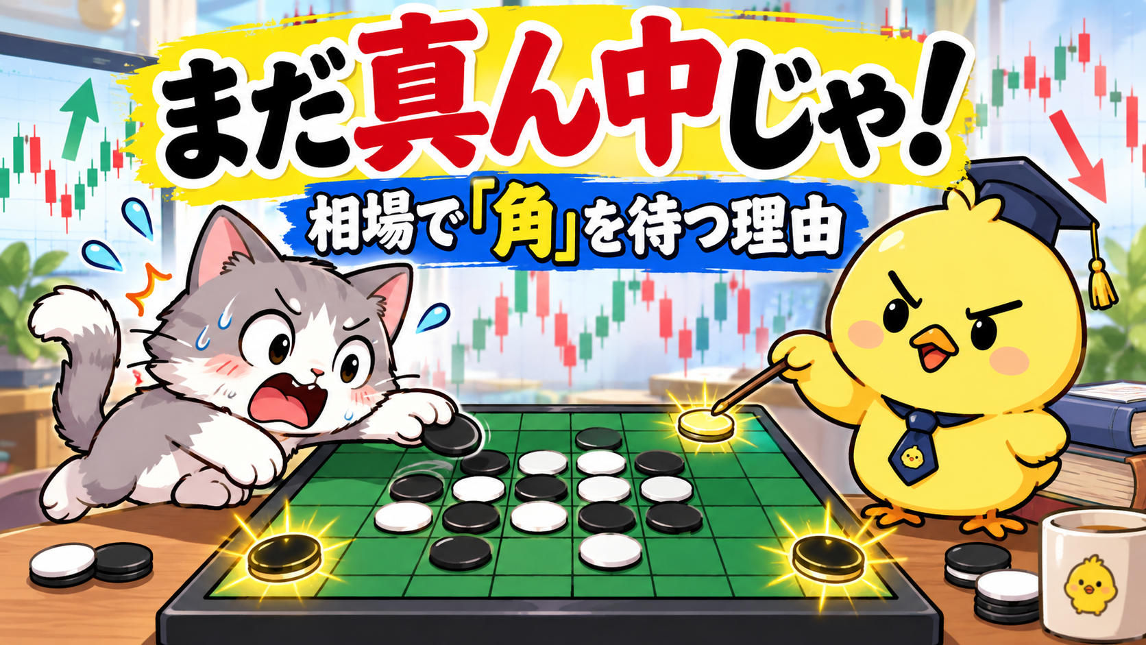 オセロ盤の真ん中で入ろうとする猫を止め、角を待つよう説明するひよこ園長