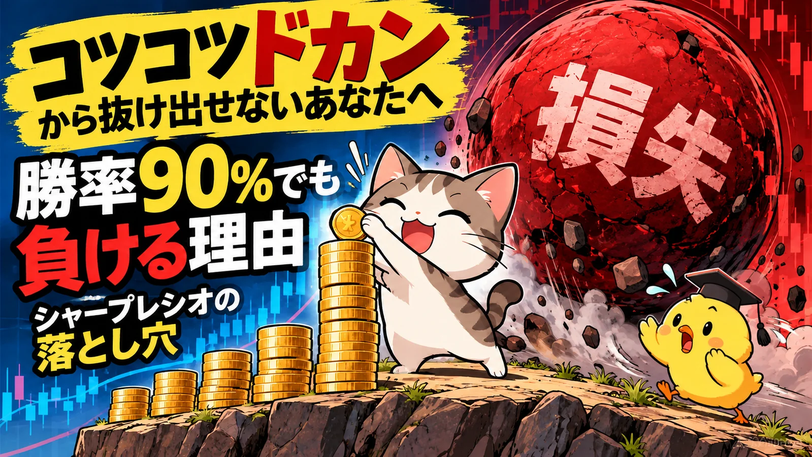 勝率90％でも一度の大損で負けるコツコツドカンを表したアイキャッチ